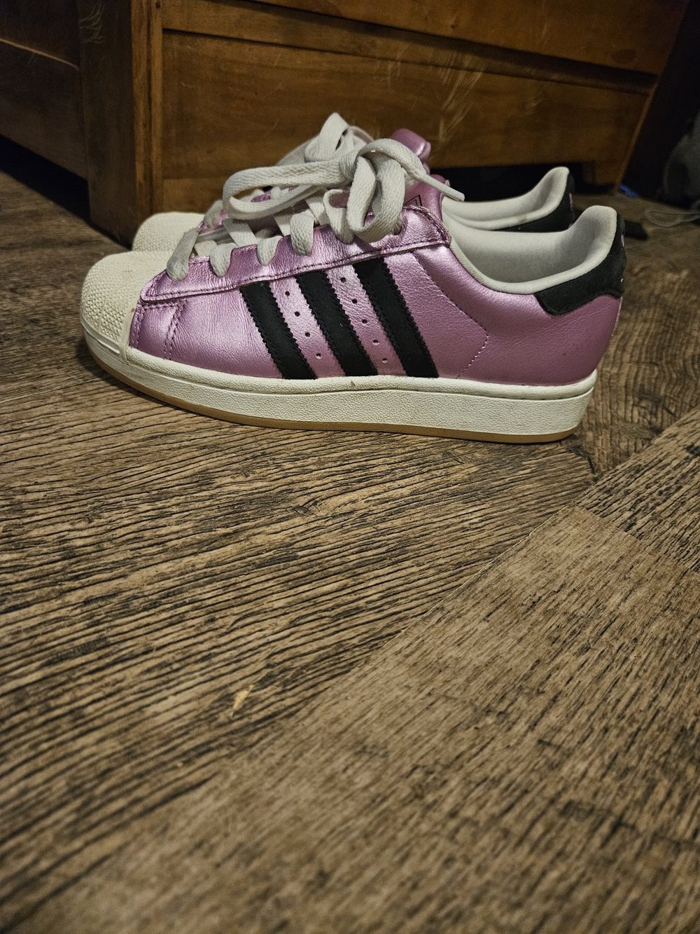 adidas Womens Metallic Pink Sneakers with Black Stripes